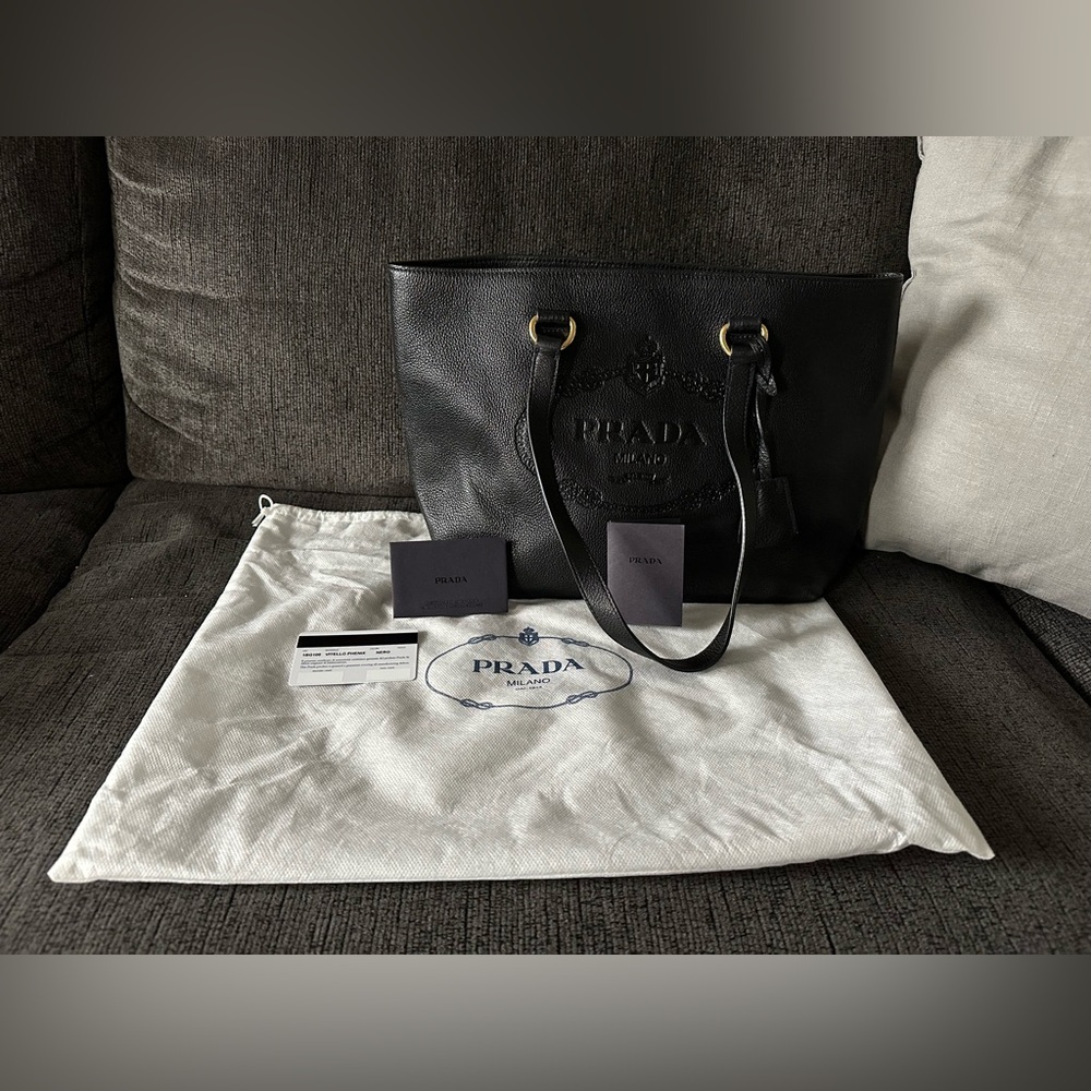 Sale! Authentic Prada Logo Embossed, Vitello Phenix Leather Tote - Picture 11 of 12